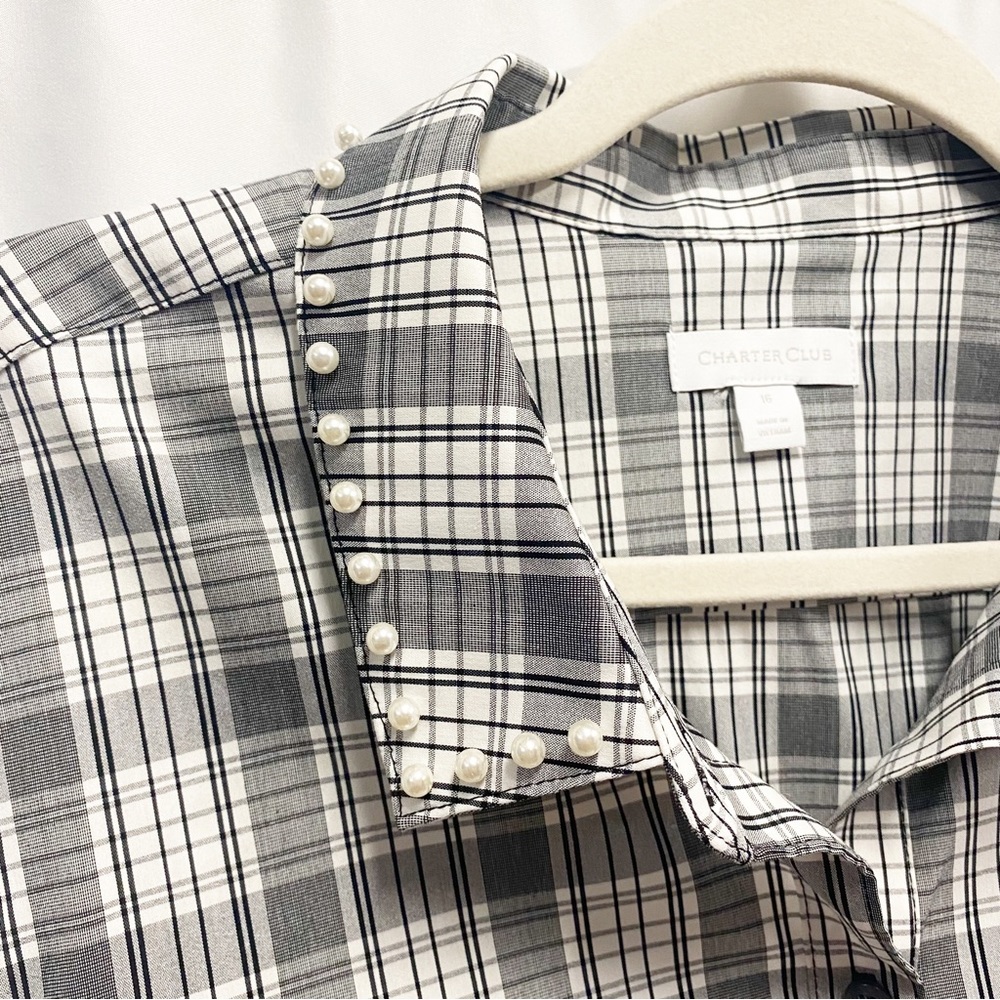 Charter Club Pearl Collar Gray & White Plaid Button Down Shirt - Picture 4 of 10